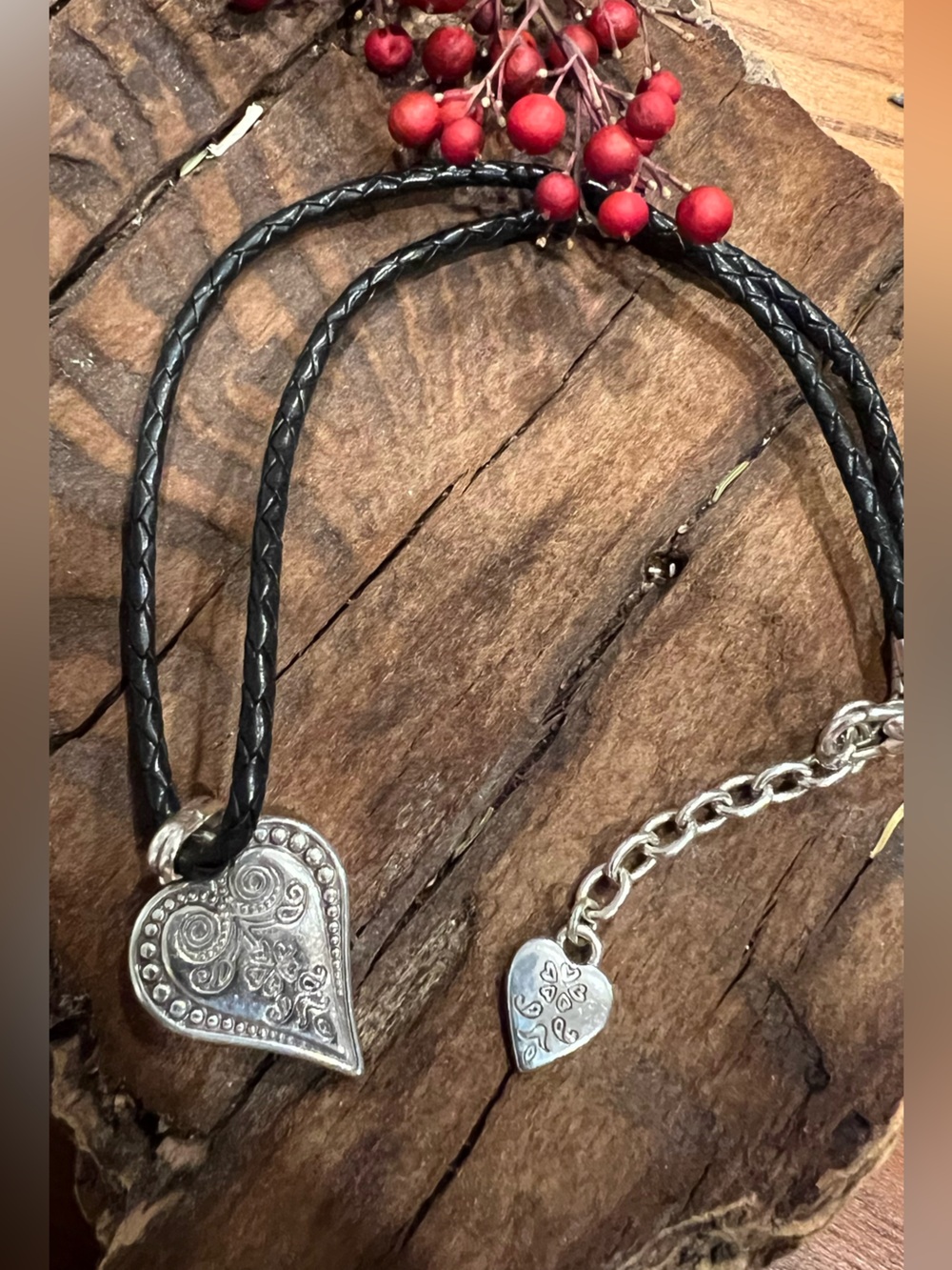 Brighton Black Leather Cord Heart Necklace Scroll Paisley .999 Silver Plated